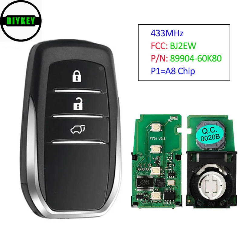 DIYKEY Smart Keyless Remote Key for Toyota Land Cruiser 2016 - 2018 Fob Board# 0020 FCC: BJ2EW 89904-60K80 433MHz FSK P1=A8 Chip