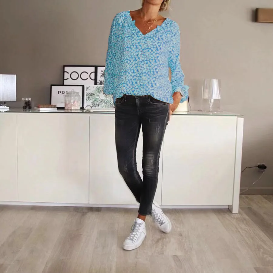 New Blouse Women Casual Floral Print Top Shirts Blouses Female Loose Blusas Autumn Fall Casual Ladies Office Blouses Top Sexy