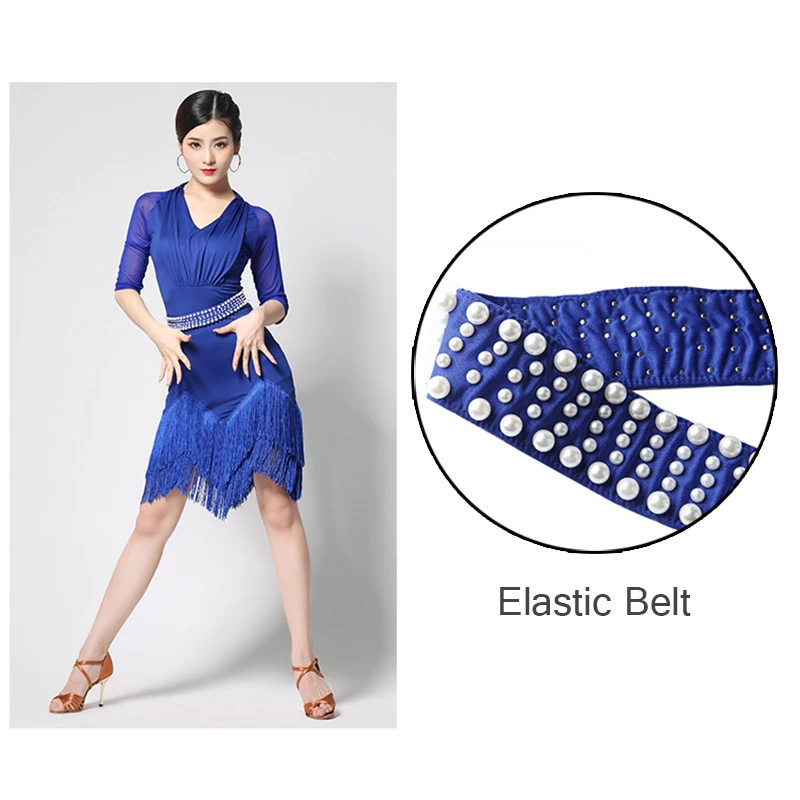 New Women Dance Clothes Salsa Samba Wear Half Sleeves Spandex Mesh Fringes Latin Dresses with Peals Belt