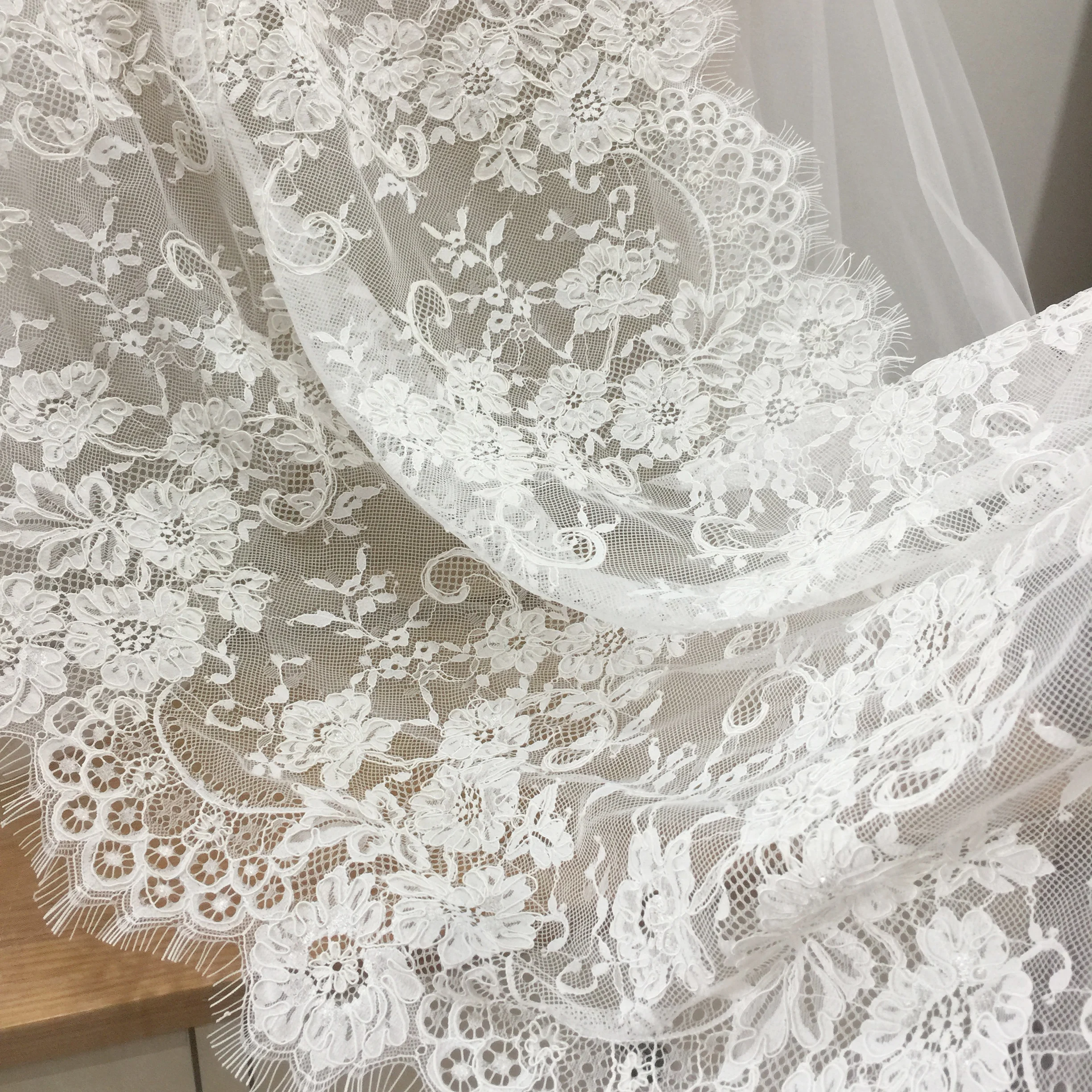 3 Yards Alencon Eyelash Embroidery Lace Fabric Bridal Veil Cape Shrug Lace Fabric, Eyelash French Lace Fabric 70cm wide