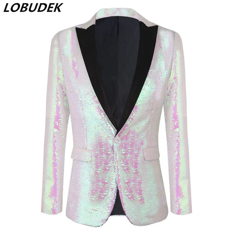 

Men Pink White Flip Sequins Blazers Fashion Slim Fit Wedding Banquet Suit Jackets Stage Singer Host Prom Concert Sequined Coat