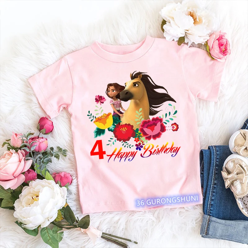 Camiseta Mustang rosa para niña – Motivo ecuestre infantil