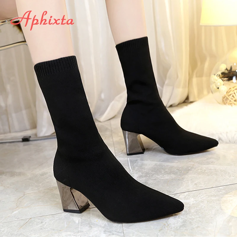 AphFête ta-Bottes Chaussettes à Talons Carrés de 7cm pour Femme, Chaussures de Rinçage en Tissu artificiel astique et Jolie tu de Grande Taille 43