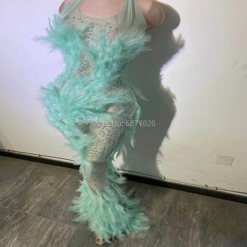 Sexy see throught evening dresses women  Green Rhinestones Feather Transparent Long Tail Dress stage show costume