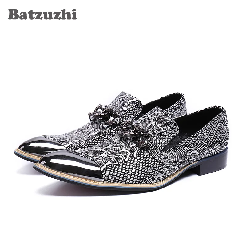 

Batzuzhi Luxury Italy Fashion Men Shoes Silver Metal Cap Leather Dress Shoes Flats Business Party Wedding Zapatos Hombre