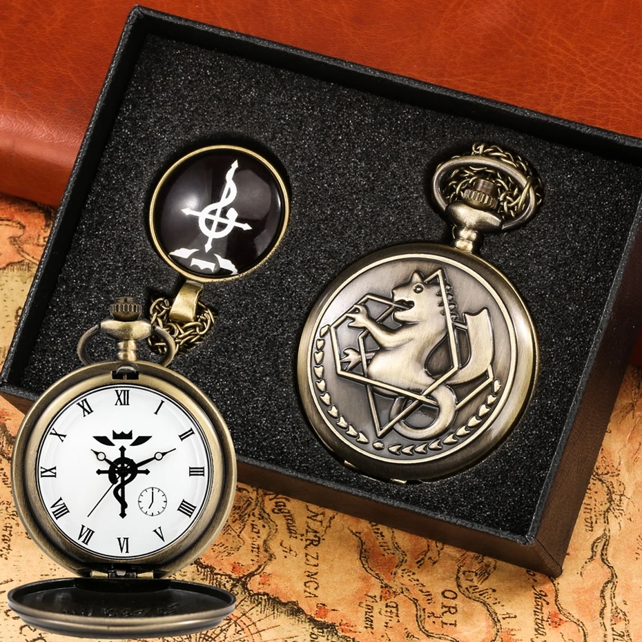 Conjunto de reloj de bolsillo de cuarzo para hombre y mujer, set de pulsera de cuarzo de tono bronce con colgante de Anime de Edward Elric, para