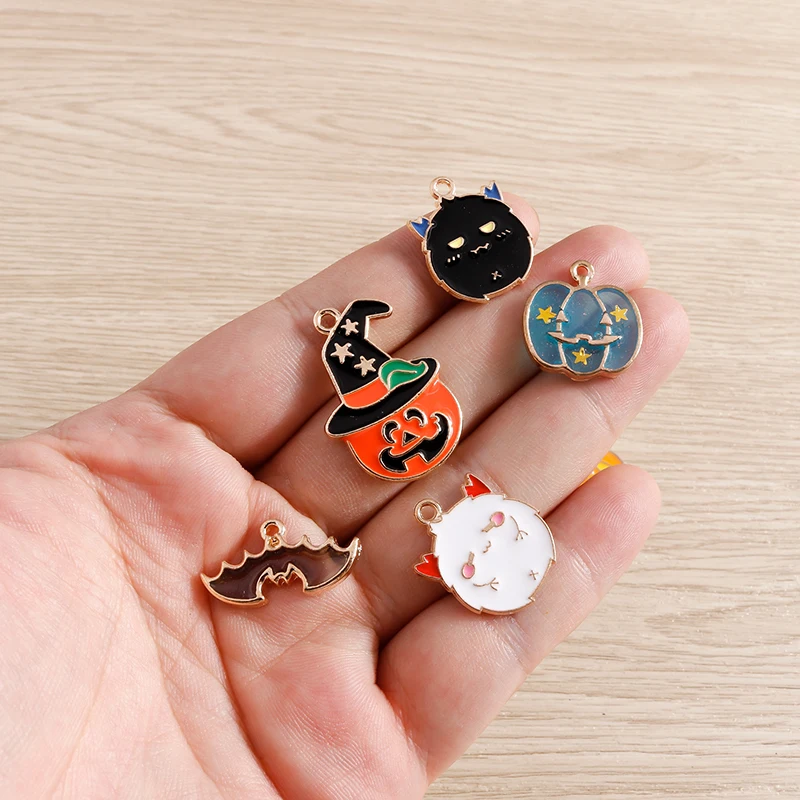 10pcs/lot Enamel Halloween Charms for Jewelry Making Cute Pumpkin Bat Ghost Charms Pendants for Necklaces Earrings DIY Accessory