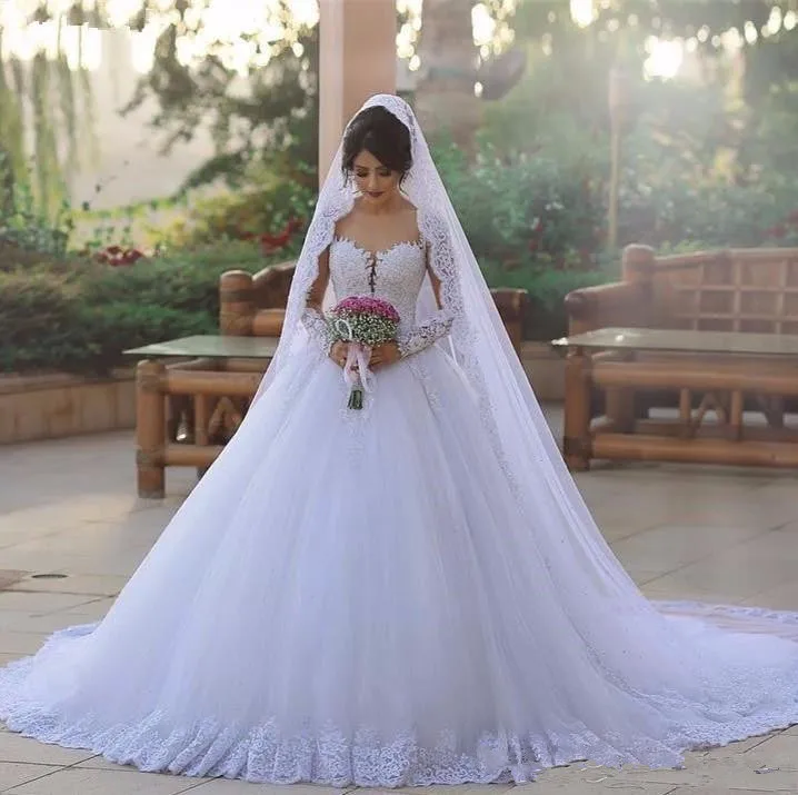 Gaun Pengantin Mewah Dubai Arab Gaun Pengantin Renda Lengan Panjang Leher Tipis Applique Court Train Gaun Pengantin Pernikahan Formal