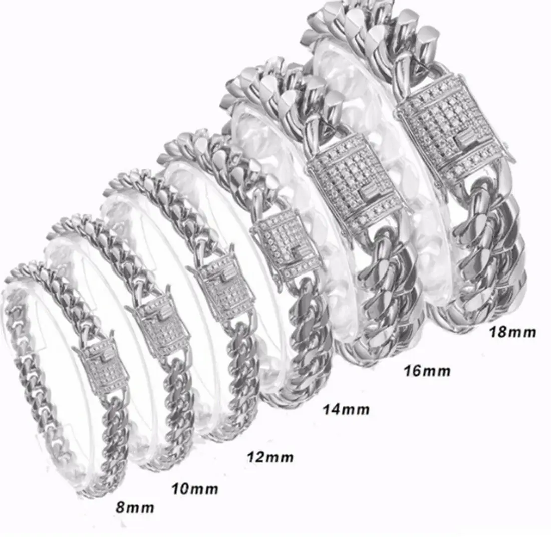 

New Arrival 8/10/12/14/16/18mm Stainless Steel Miami Curb Cuban Chain Crystal Silver Color Polished Bracelet Mens Jewelry