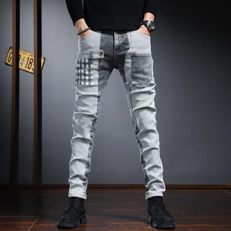 Fashion Men Jeans Black ripped Patchwork Pants Straight Leg Patches Jean Streetwear Casual Slim Fit Denim Trousers