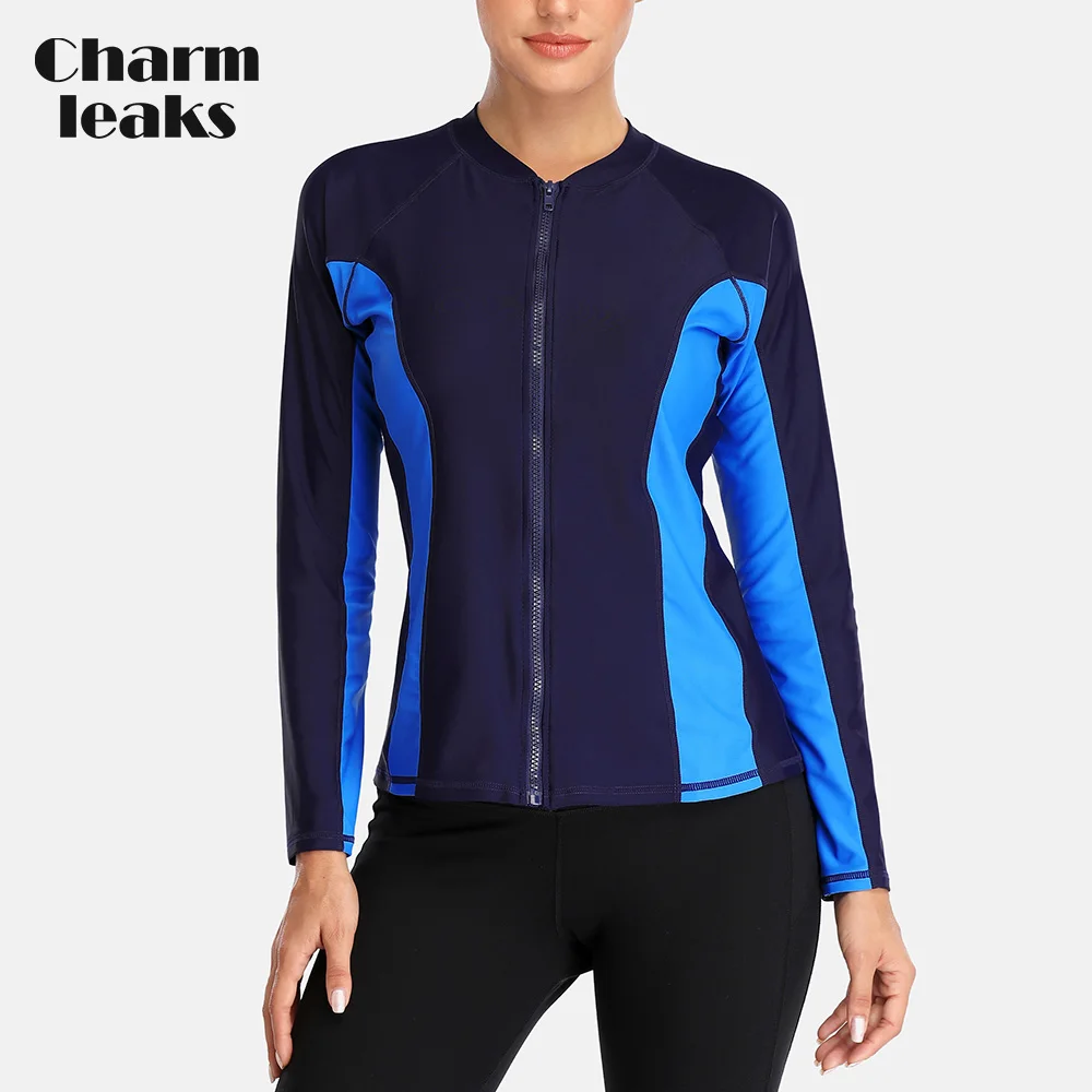 

Charmleaks Women Long Sleeve Zipper Rashguard Swimsuit Surfing Top Rash Guard Zipper UPF50+ Running Shirt Biking Shirt Swimwear