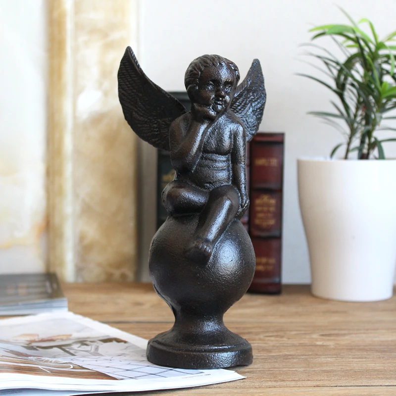 Vintage Black Table Cast Iron Angel Statues Deep Though Look Up Meditation With Round Bottom Home Decor Metal Fairy Figurines