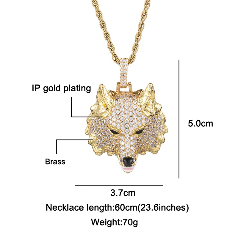 Hip Hop Iced Out Bling Cubic Zirconia Animal Wolf Head Necklaces & Pendants For Men Women Rapper Jewelry