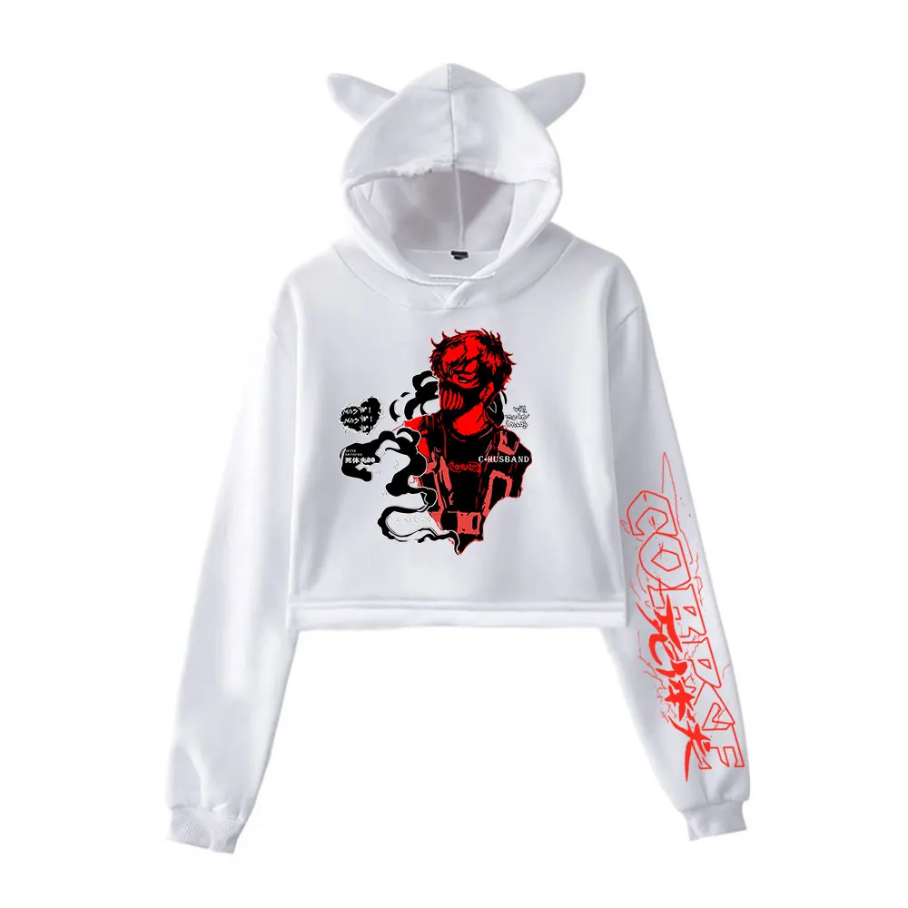 

Corpse Husband Print Cat Cropped Hoodies Women Long Sleeve Hooded Y2K Girl Pullover Crop Tops Loose Clothes Hip Hop Sweatshirts