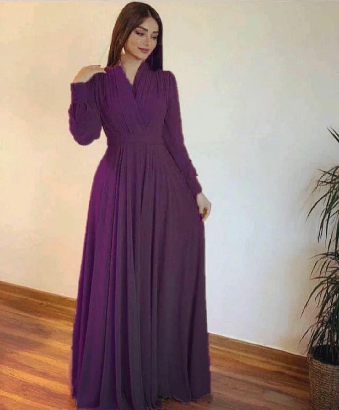 Abiti da ballo in Chiffon a maniche lunghe con scollo a v Vintage con tasche posteriori con cerniera Robe De Soiree lunghezza del pavimento abiti da cerimonia convenzionali