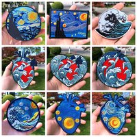 Prajna Van Gogh Patch Embroidered Patches For Clothing Iron On Patches Cartoon Wave Patches For Clothes Applique Stripe Badges