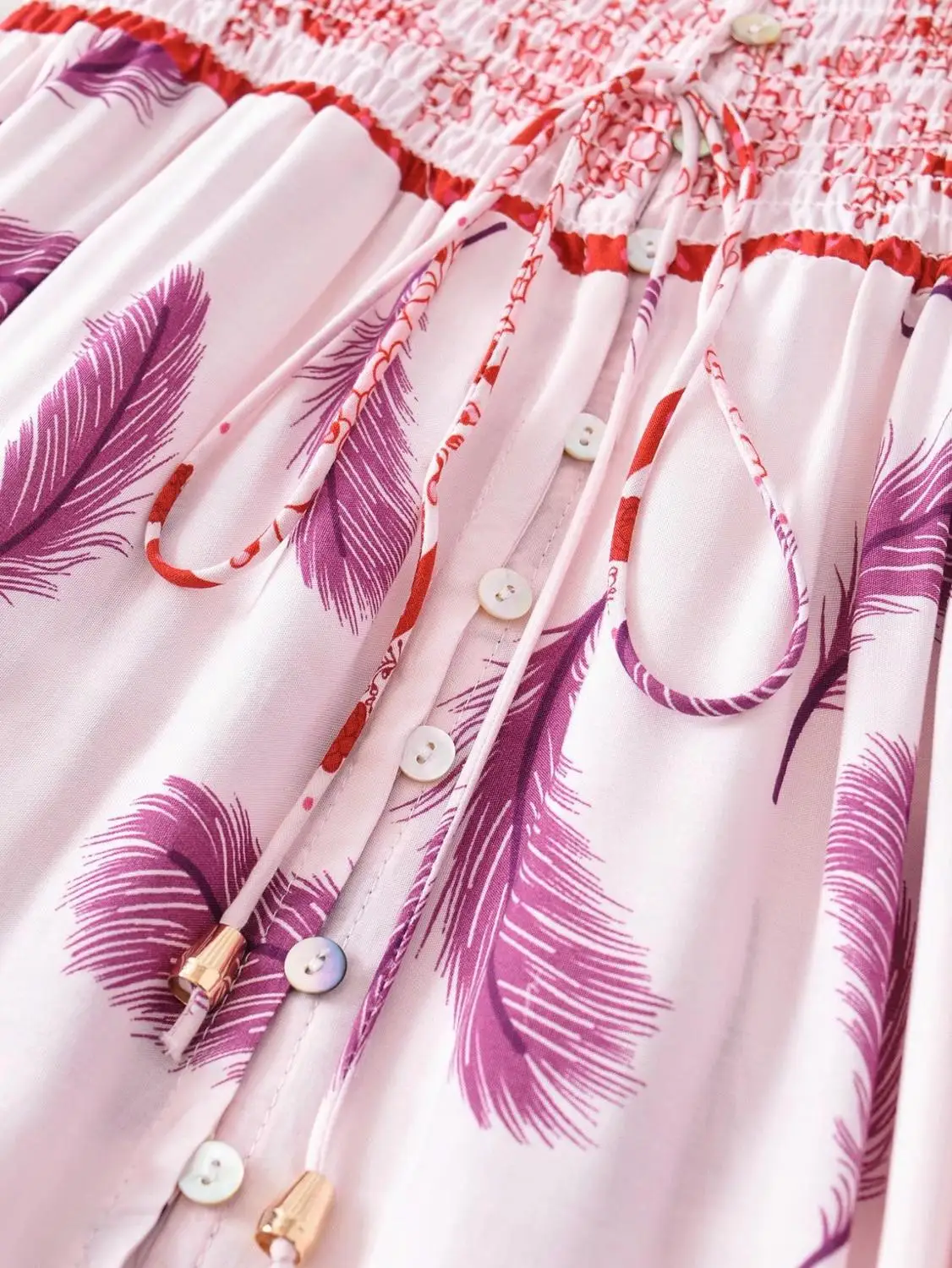 2020 BOHO Lage Feder Print Kurzarm Kleid Schlitz Urlaub Frauen Elastische Taille einreiher Tasten Maxi Lange Kleider