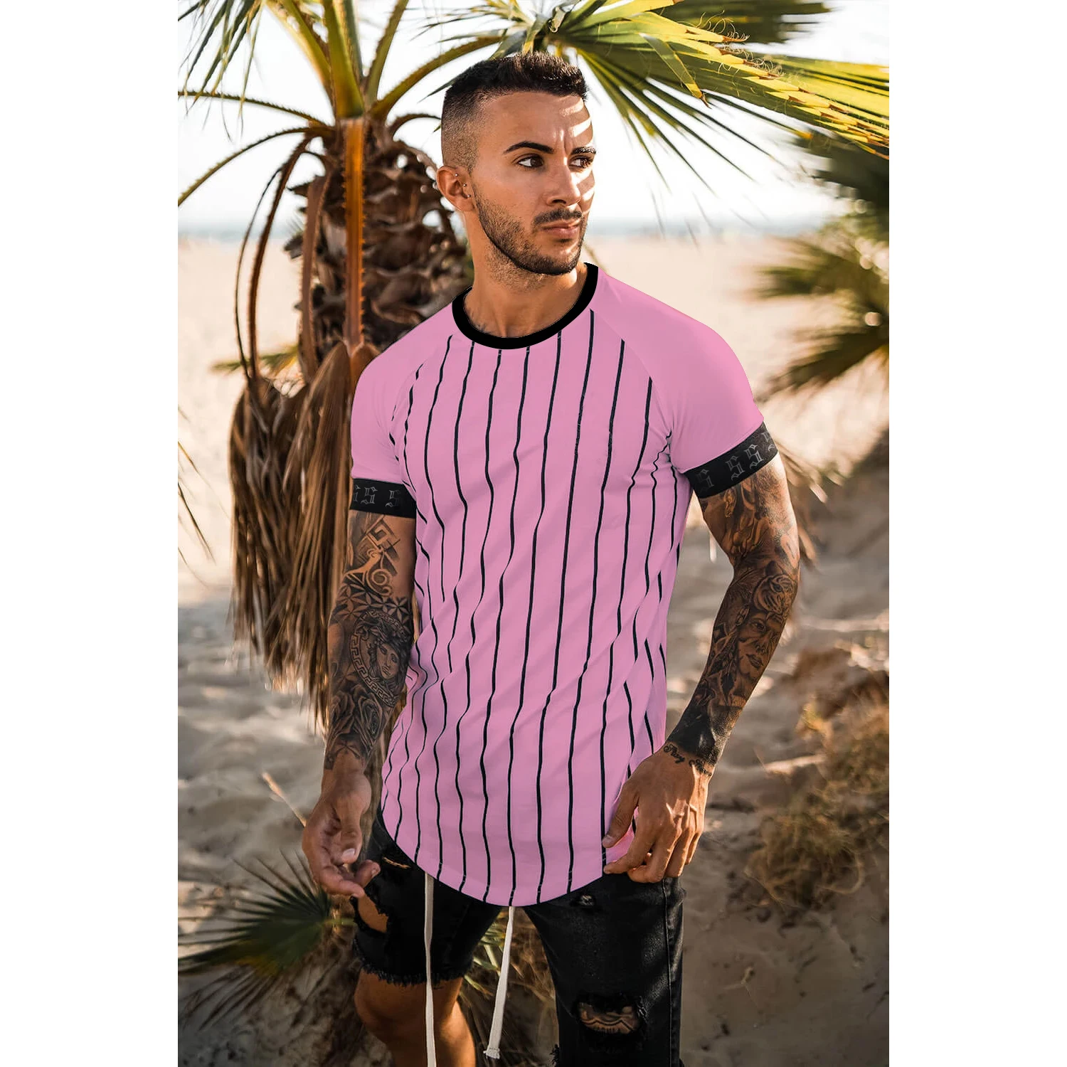 2021 new brand men\'s stylish cool T-shirt, men\'s casual style striped hip-hop short sleeve street element printed top, wholesale