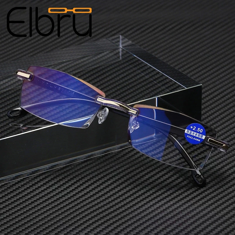 Elbru Anti Blue Light Blocking Rimless Reading Glasses Women Men Square Frameless Presbyopic Glasses Diopters +1.0 1.5 2 2.5 4.0