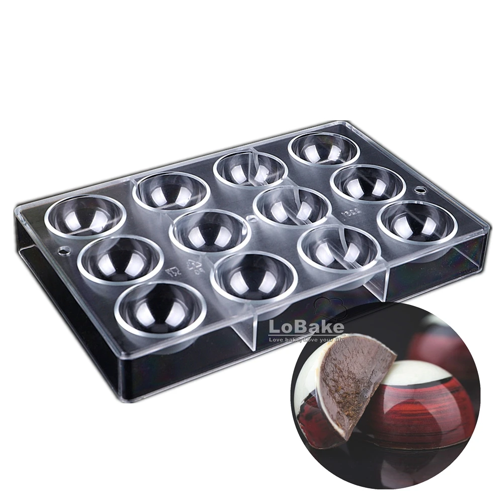 12 cavities 5cm diameter 3D half ball shape PC polycarbonate chocolate mold candy mould fondant mousse cake molding DIY baking