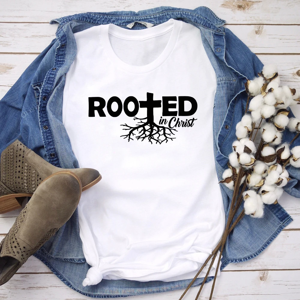 

Rooted In Christ 100%Cotton T-shirt Unisex Religious Christian Church Tshirt Casual Women Graphic Jesus Bible Tee Top Drop Ship