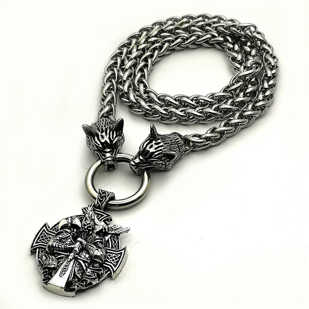 Viking Odin Warrior Raven Pendant Necklace Stainless Steel Wolf Head Chain Domineering Men Jewelry