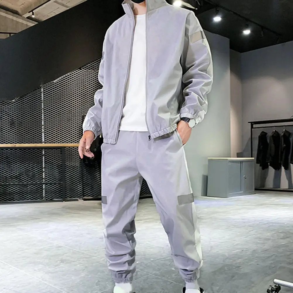 2pc Pants Suits Men Sportswear Reflective Strip Zipper Jacket Sweatpants Men Tracksuit chandals hombre спортивный костюм мужск