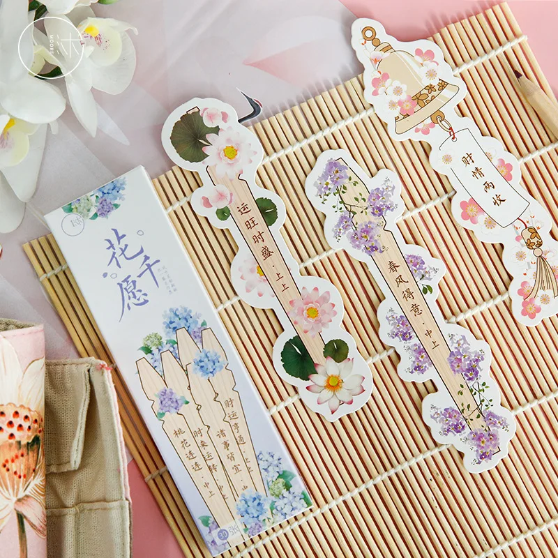 30 Pcs/Set Creative Flower Wish Series Bookmark DIY Blessing Message Card Book Holder Gift Stationery