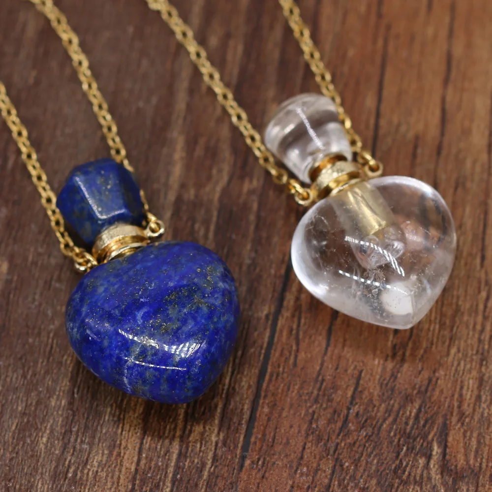 Clear Quartz Heart Bottle Essential Oil Pendant Necklaces for Women Natural Stone Lapis Lazuli Perfume Bottle Necklace Jewelry