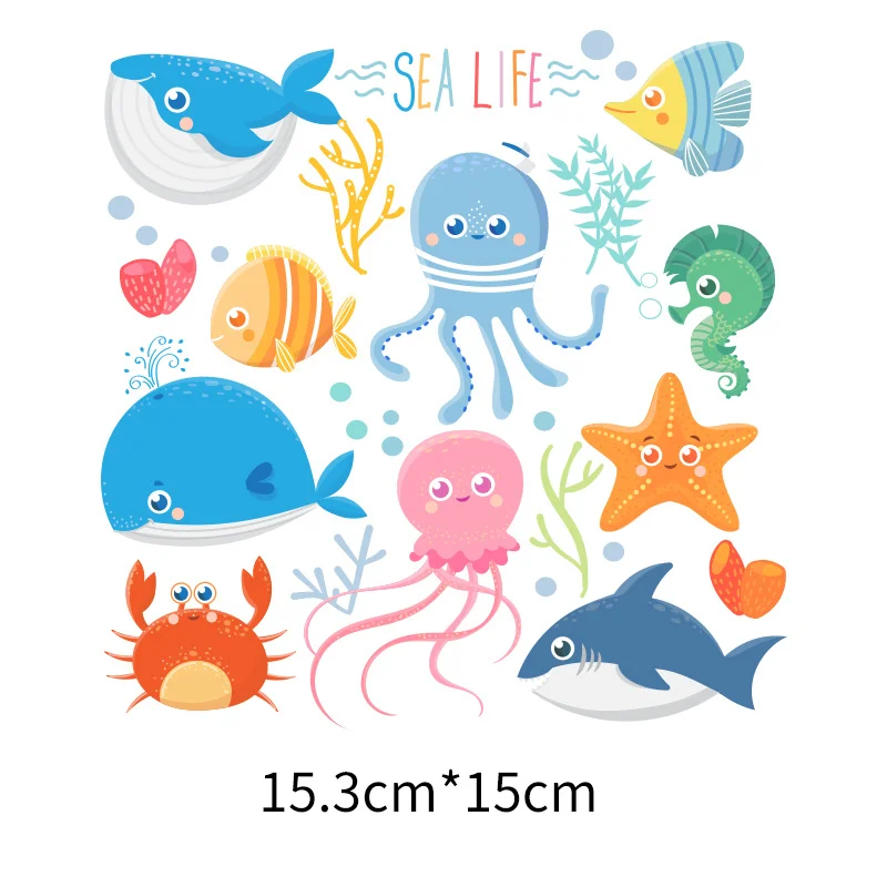 Combination set seabed marine animal fish sea turtle whale shark print sticker DIY iron toy decoration on kids clothes