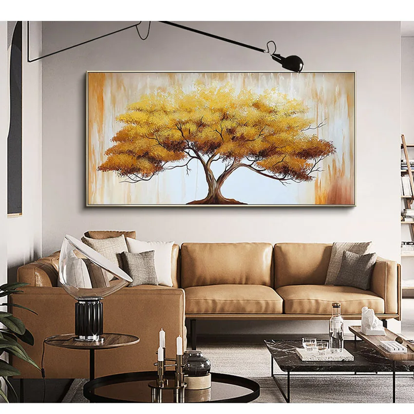 Decoración de pared de fondo personalizada para sala de estar, póster colgante de árbol dorado, Mural de dormitorio y Hotel, pintura al óleo Simple y moderna hecha a mano