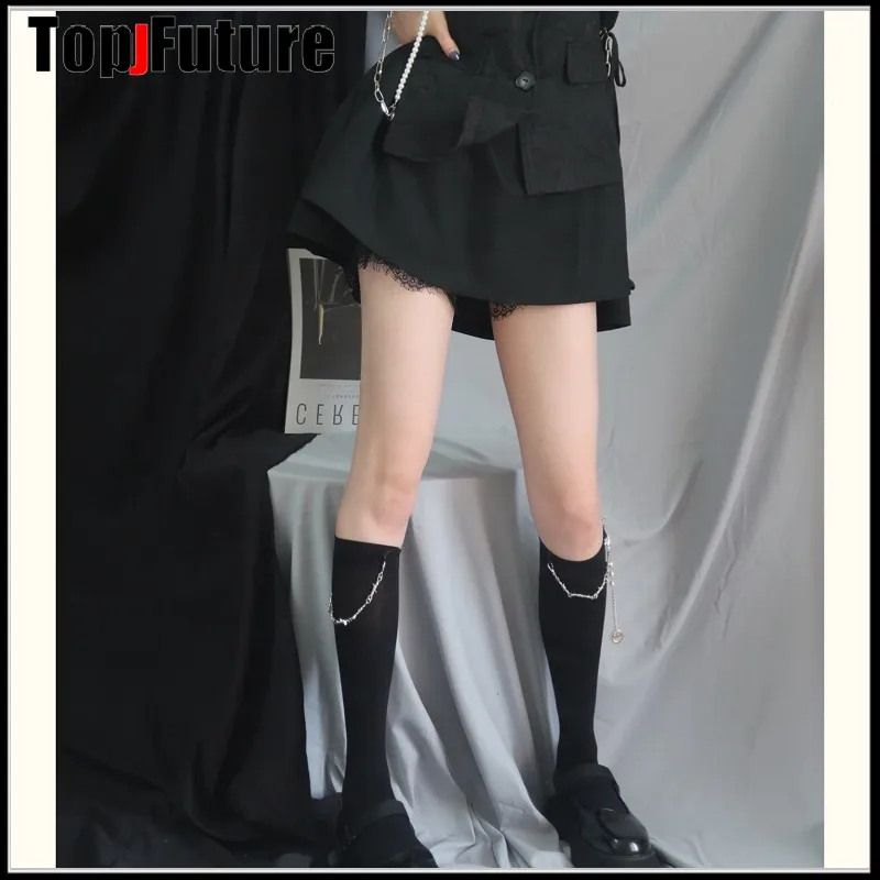 Gothic lolita cosplay stockings Harajuku stockings children's Black Punk uniform smile style long  stocking with  chain