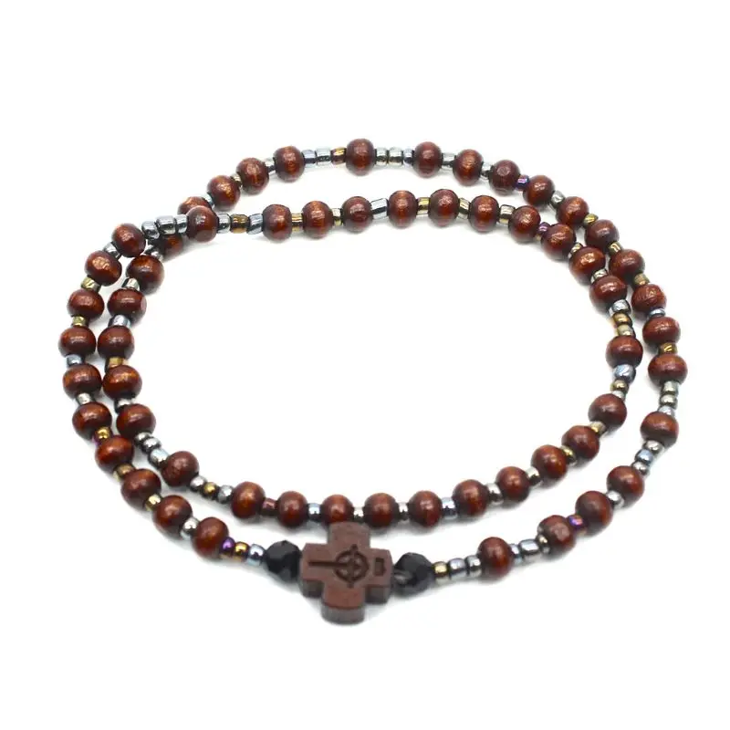 2pcs Men Wooden Beads Cross Bracelets Meditation Prayer Chain Catholic Christian