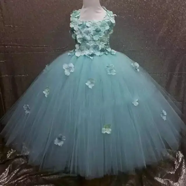 Girls Pink Fairy Flower Petals Tutu Dress Kids Crochet Tulle Dress Long Ball Gown Children Wedding Party Costume Evening Dresses