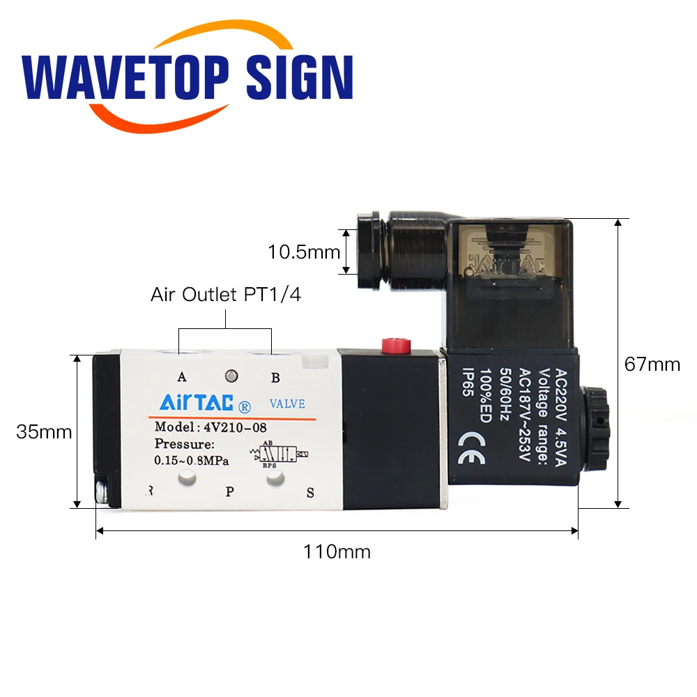 Original AirTac Pneumatic Electric Solenoid Valve 5Way 2 Position Control Air Gas Magnetic Valve 4V210-08 12V-220V Coil Volt