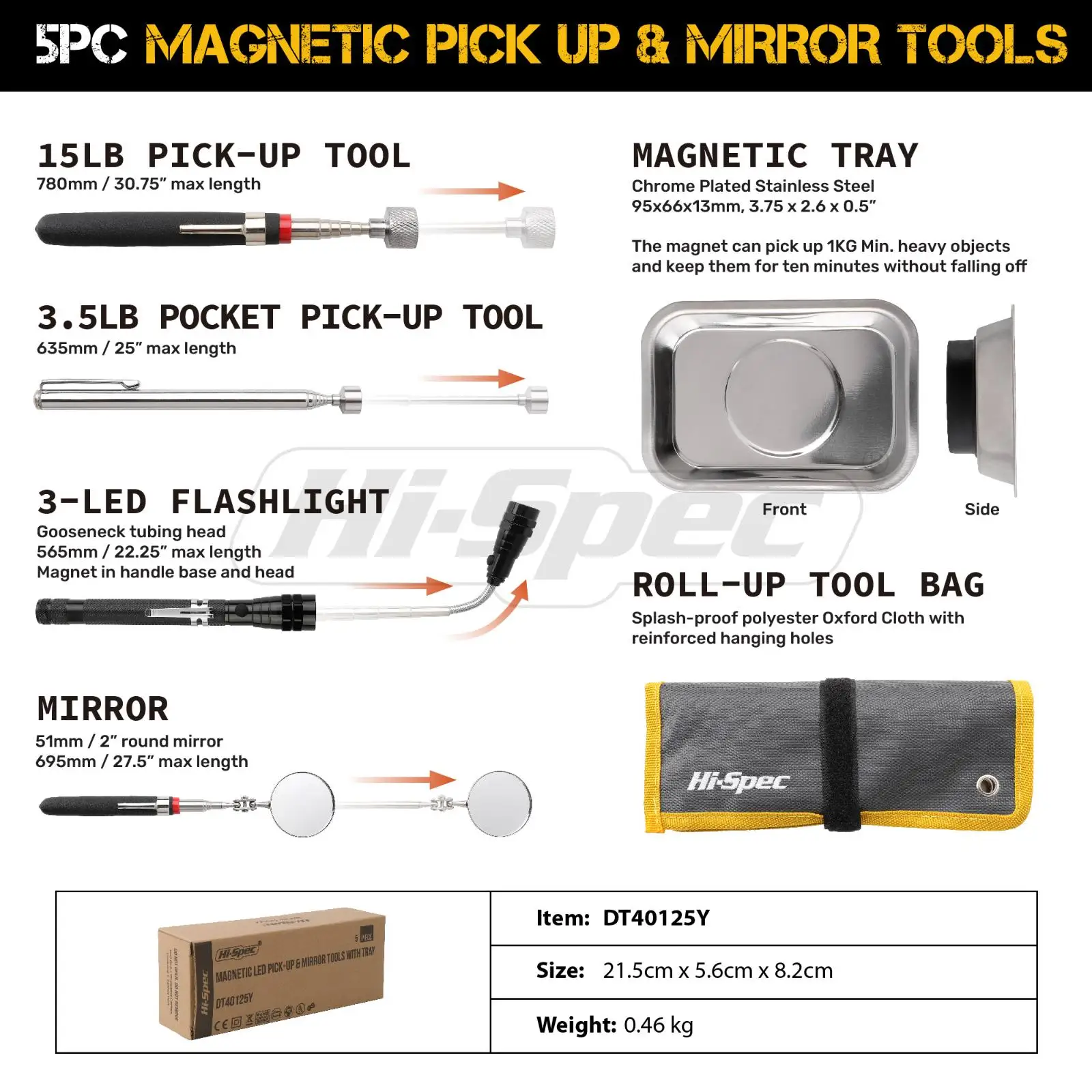 Hi-Spec 5 Piece Pick Up Tool Kit, Magnetic Pickup Tool with LED Light, Extending Inspection Mirror & Magnetic Tray with Tool Bag