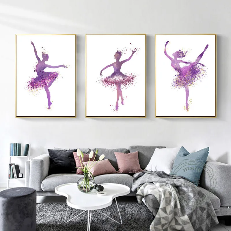 Modern Ballerina Dancer and High Heel Poster Abstract Print Canvas Painting Picture Home Wall Art Purple Graffiti Decoration