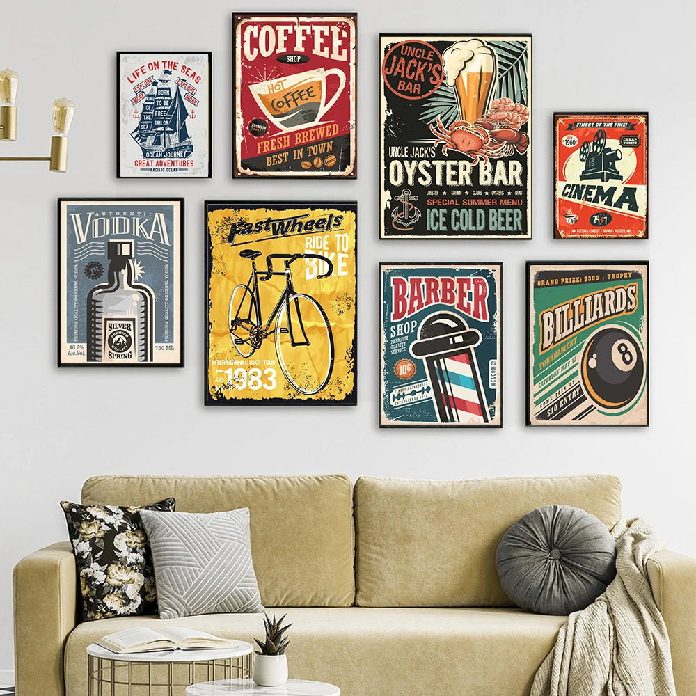 Cinema Coffee Cycling Motorbike Poster Print Americana Diner Canvas Painting Retro Style Art Bar Gifts Home Decor Wall Pictures