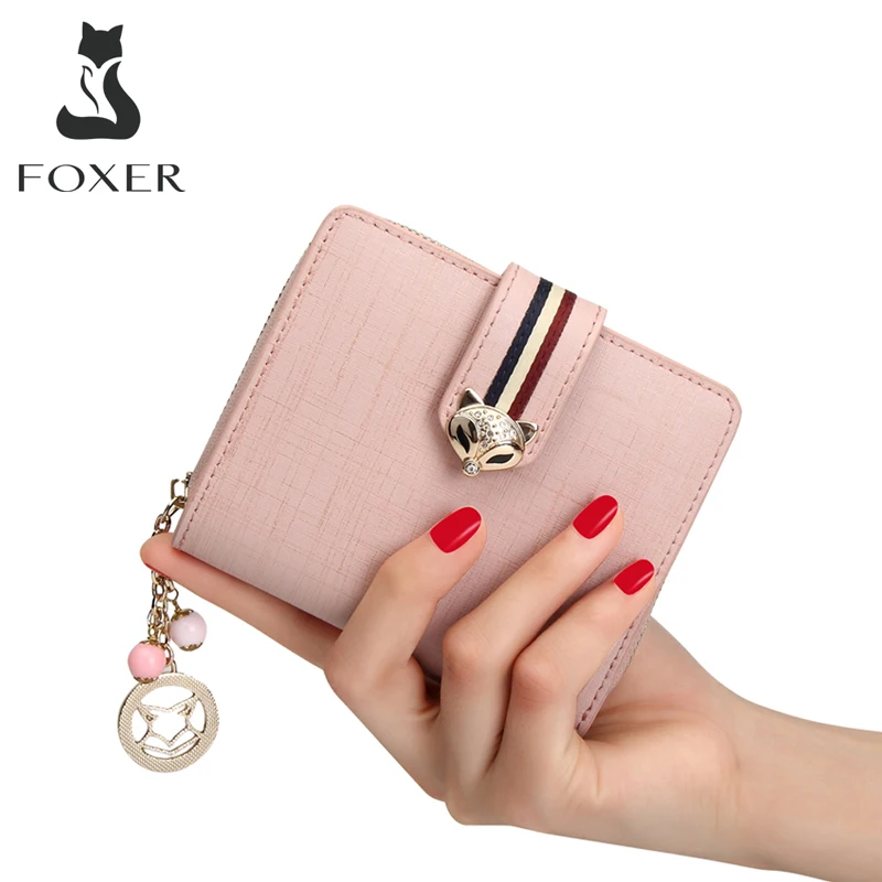 FOXER Card Holder Split Leather Women Wallet Designer Coin Purse Lady Zipper Wallet High Quality Cute Short Wallets With Pendant