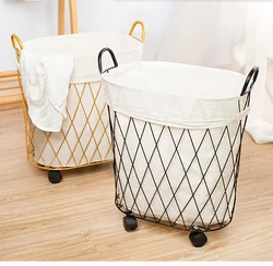 High Quality Golden Metal Gold Hollow Stylish Dirty Clothes Storage Handle Laundry Basket Home Creative Organizer with Wheel