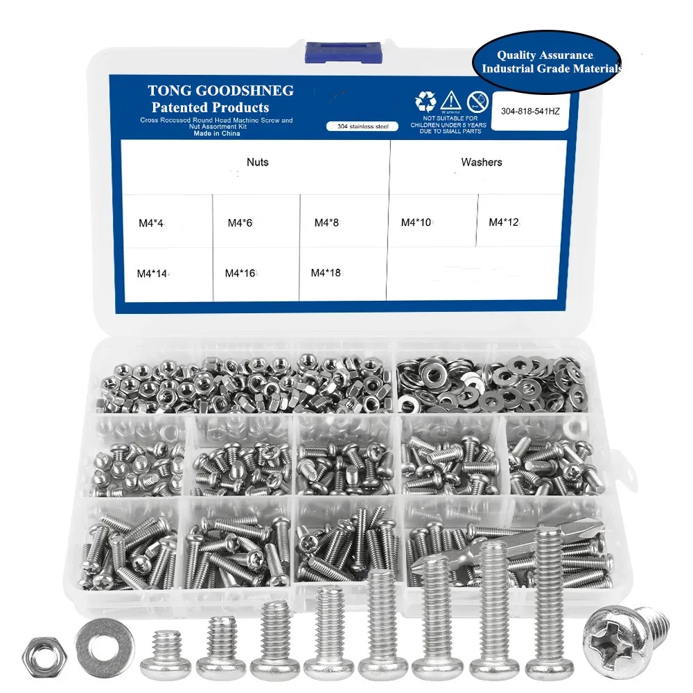 270PCS Cross Recessed Round Head M3 M4 M5 Screw Set Nut Washer Stainless Steel Phillips Machine woodworking Screw Assorted Kit