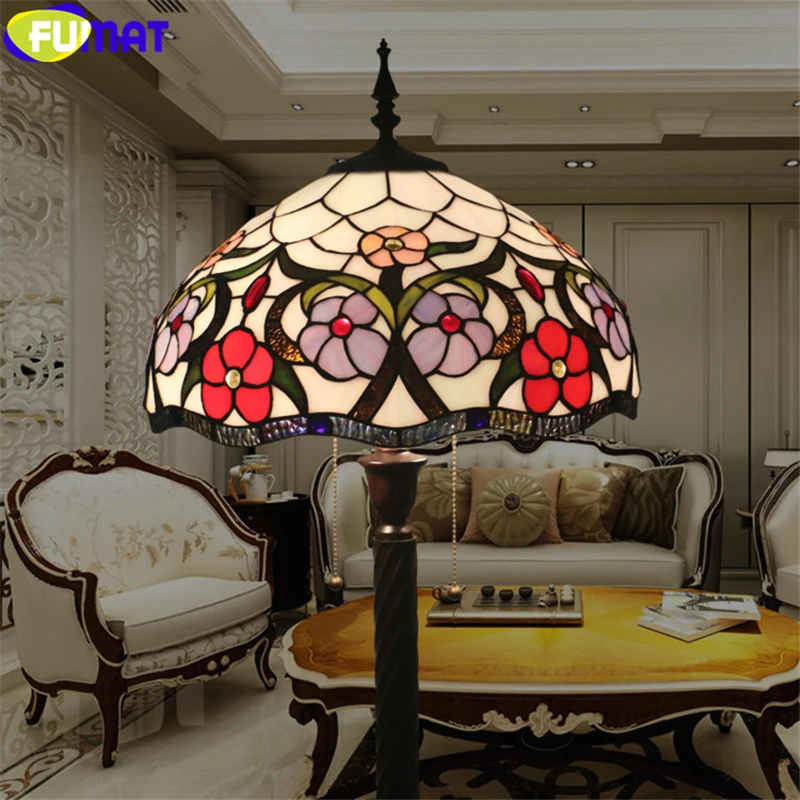 

FUMAT Tiffany Floor Lamp Gemstone Morning Glory Creeper Stained Glass Lampshade Multe Color Light European Style Alloy Frame E27