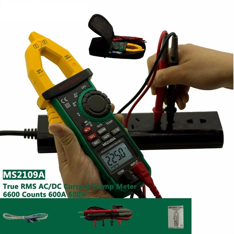 Mastech MS2109A True RMS Auto Range Digital AC DC Clamp Meter 600A Multimeter Volt Amp Ohm HZ Temp Capacitance Tester NCV Test