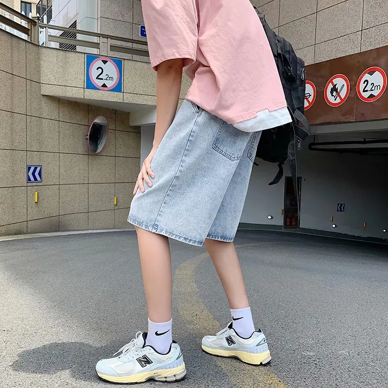 Men Casual Denim Shorts Wide Leg Vintage Ins Korean Fashion Loose Knee Length Trousers Straight BF S-3XL Large Size Simplicity