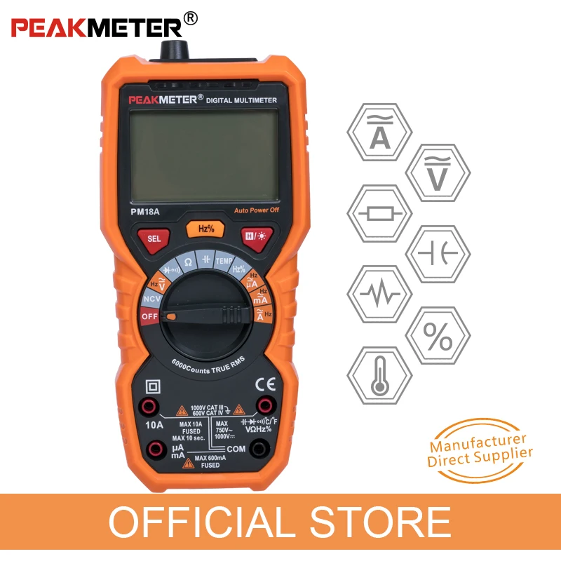 PEAKMETER Multimeter Voltmeter Ammeter PM18A with True RMS AC DC Voltage Resistance Capacitance Frequency Temperature NCV Tester