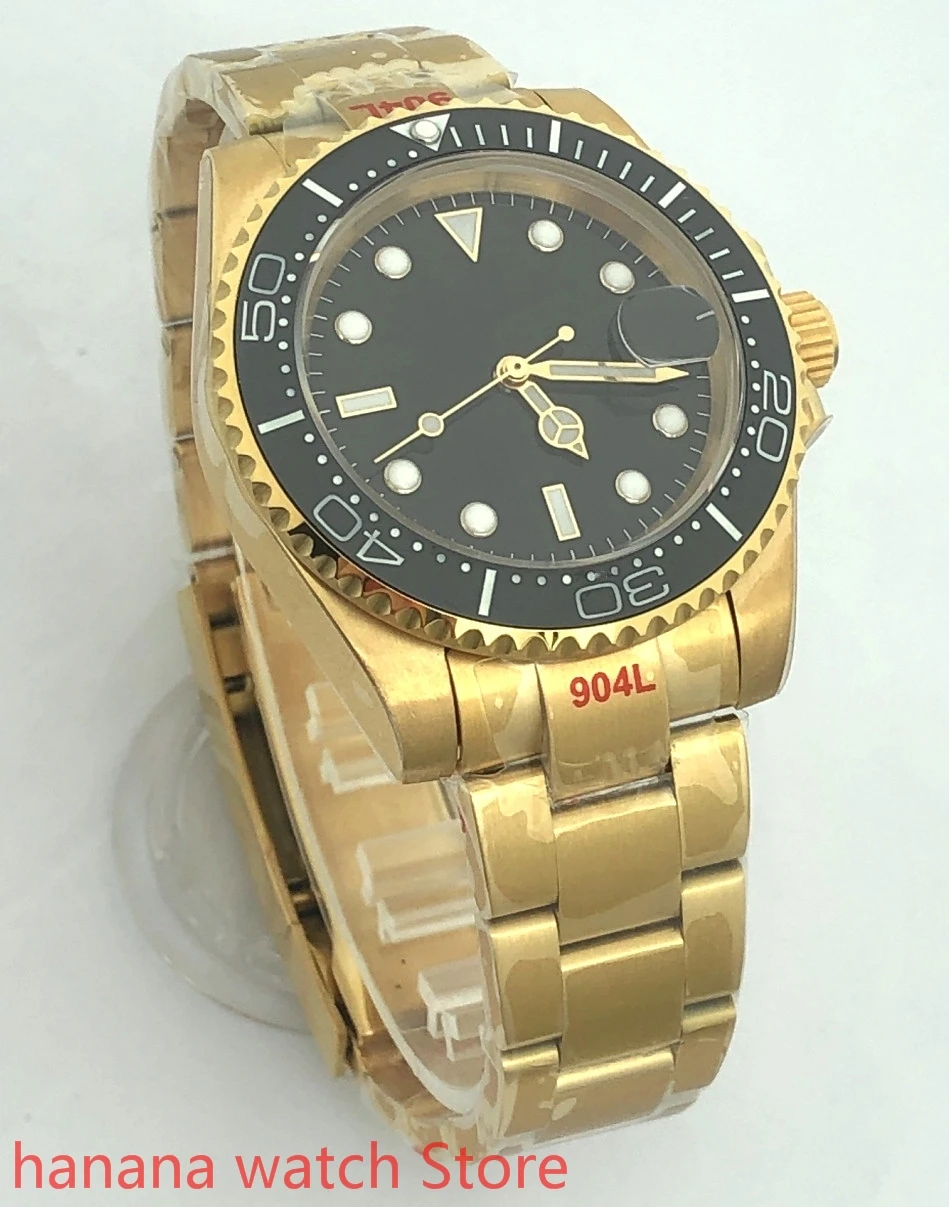 BLIGER-reloj con cristal de zafiro para hombre, pulsera de acero inoxidable dorado con movimiento de perla y bisel giratorio, 904