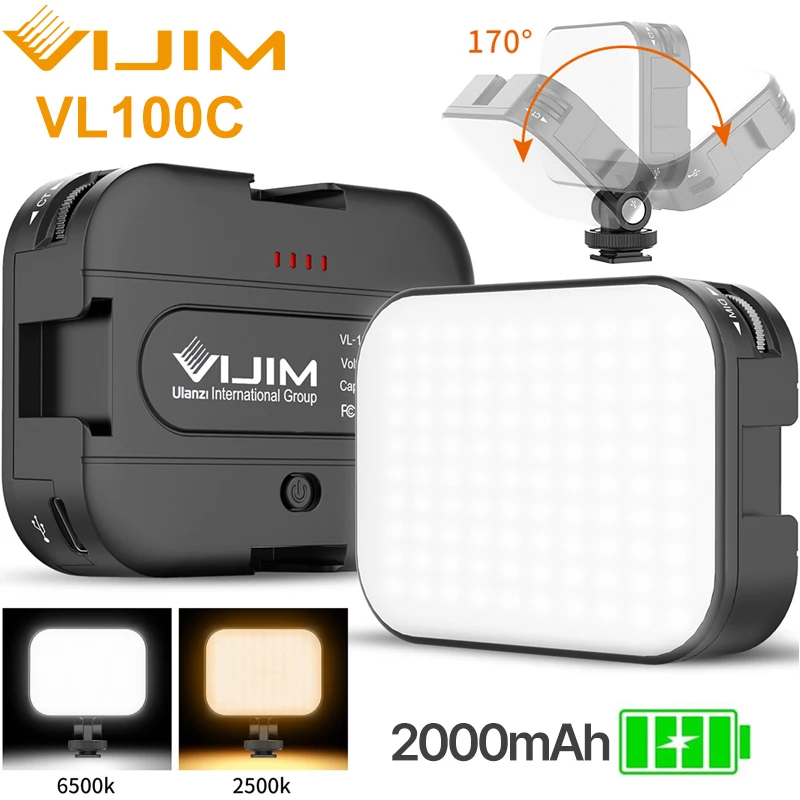 VIJIM Ulanzi VL100C LED 비디오 조명, 3200K-6500K 170 ° 조절식 볼헤드 콜드 슈 브이로그 필 2000mAh 배터리 카메라 조명 램프