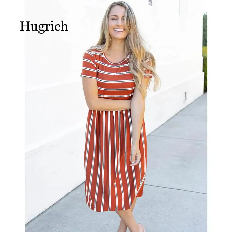 Women's New Summer Beach Holiday Dress 2021 Loose Causal Short Sleeve Striped Skirt for Street Daily Wear