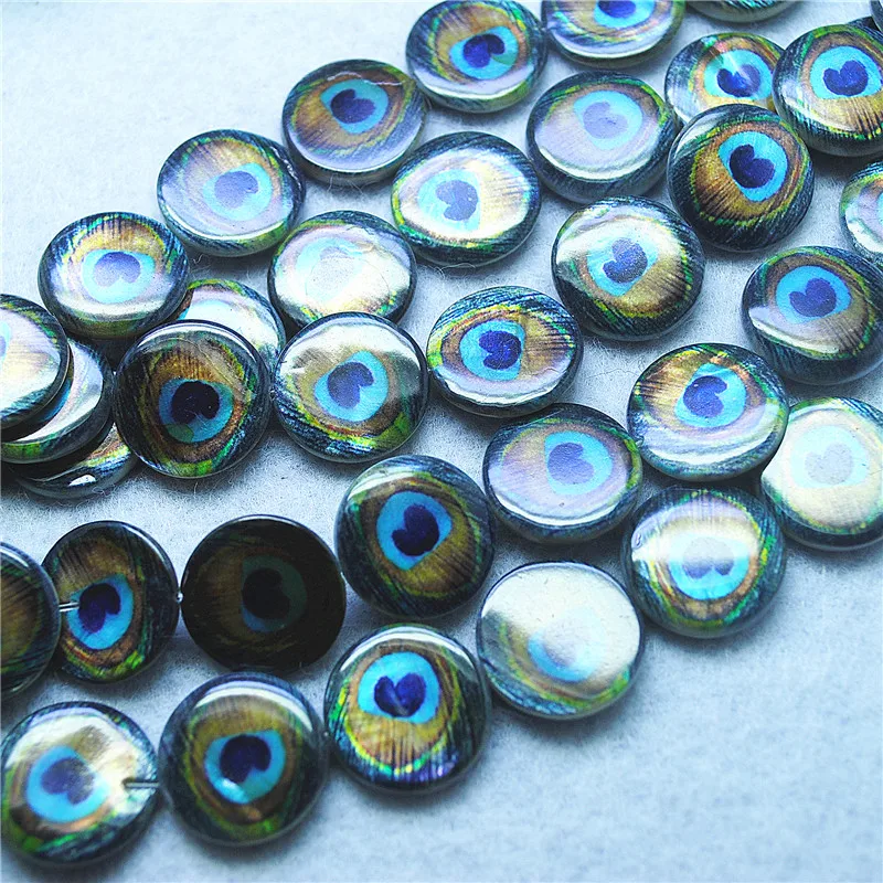 22PCS Nature Shell String Peacock Feather Mother Of Pearl Loose Beads Size 18MM Round Shape For Women Bracelets Making Accessory