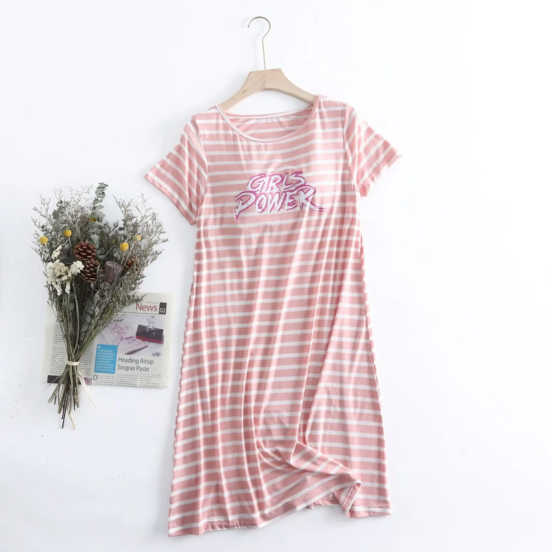 

Sleepwear Summer Dress Female Loose Modal Home Wear Nightdress Women's Nightie Striped Letter Nightgown Peignoirs For Women